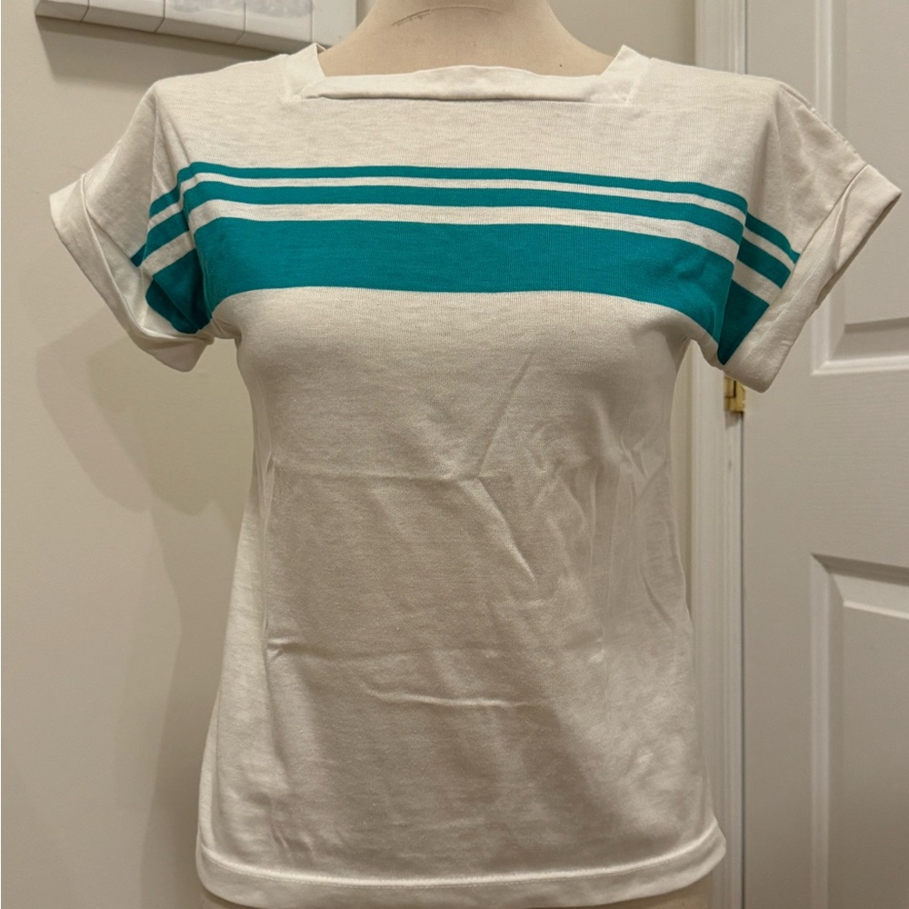 Vintage 1970s Boatneck Striped Tee Nautical Chest Stripe Top Women’s Small